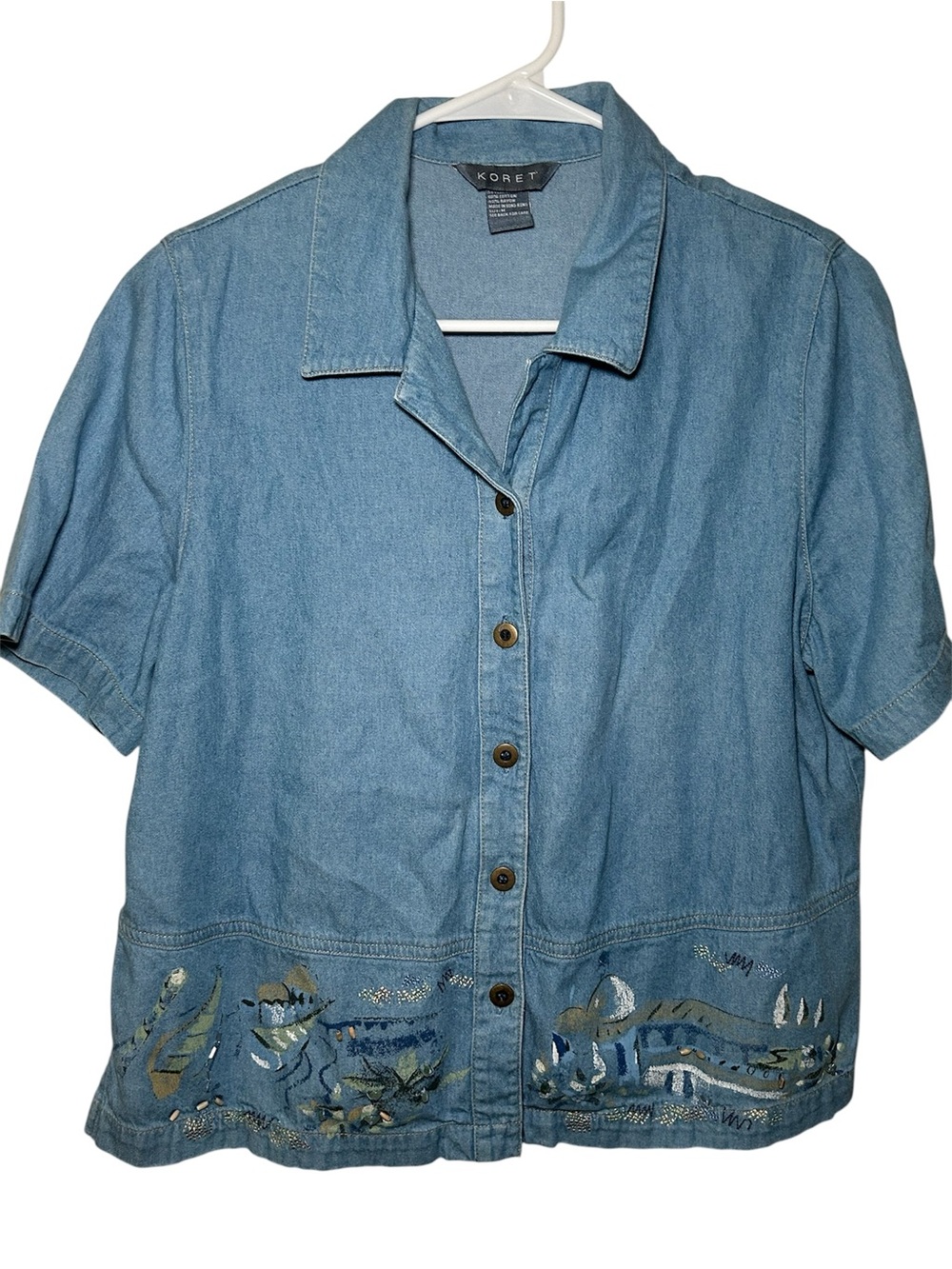 Koret Medium Blue Short-Sleeve Painted Denim Jacket 90s VTG Nautical Camp Casual